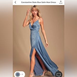 Lulu’s Bridesmaid Constantine Satin Maxi Dress in Slate Blue